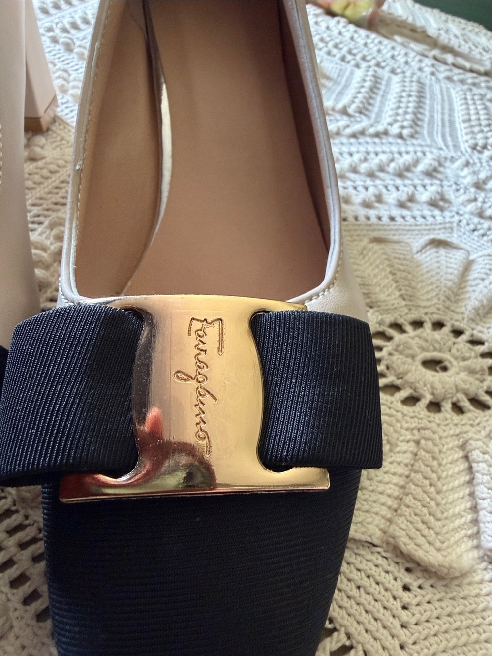 Forragamo Beige and Black Vara Bow Block Heel Pumps - Picture 5 of 6